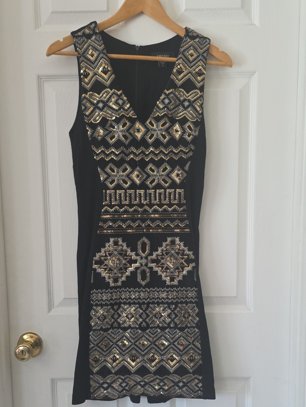 Karen Kane Black Mini Dress with Metallic Gold Embellishment Size S